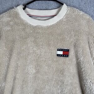 Tommy Hilfiger Jeans Sweatshirt Mens Large Beige Oatmeal Sherpa Fleece Crewneck